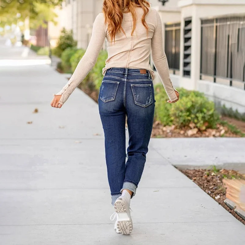 Torn Hole Mid-Waist Calf Pants
