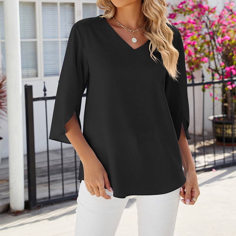 Solid Color V-Neck Mid-Sleeve Chiffon Shirt