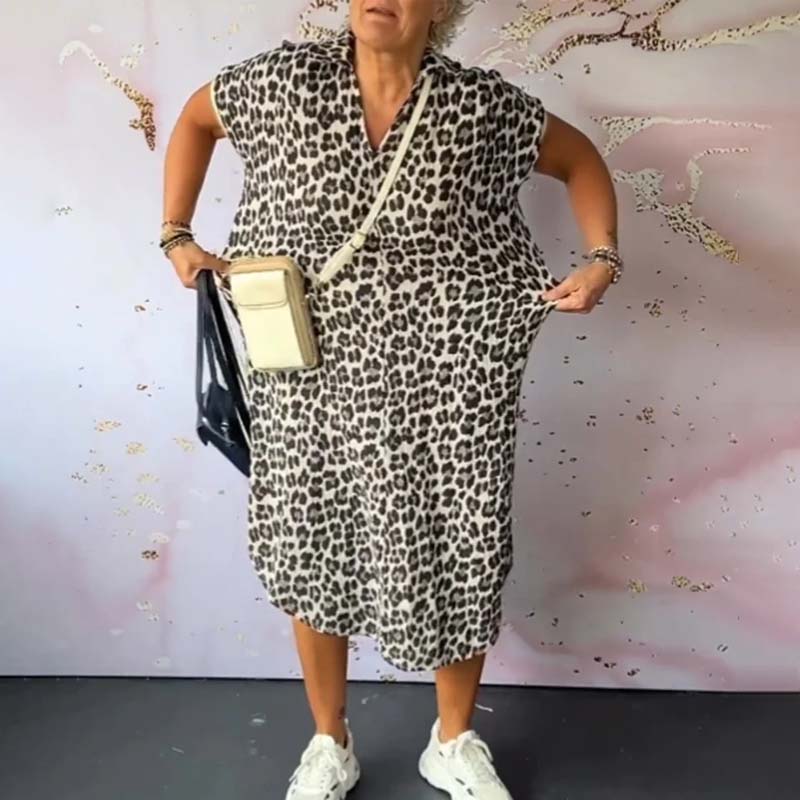 V-neck Short Sleeve Leopard Print Dress