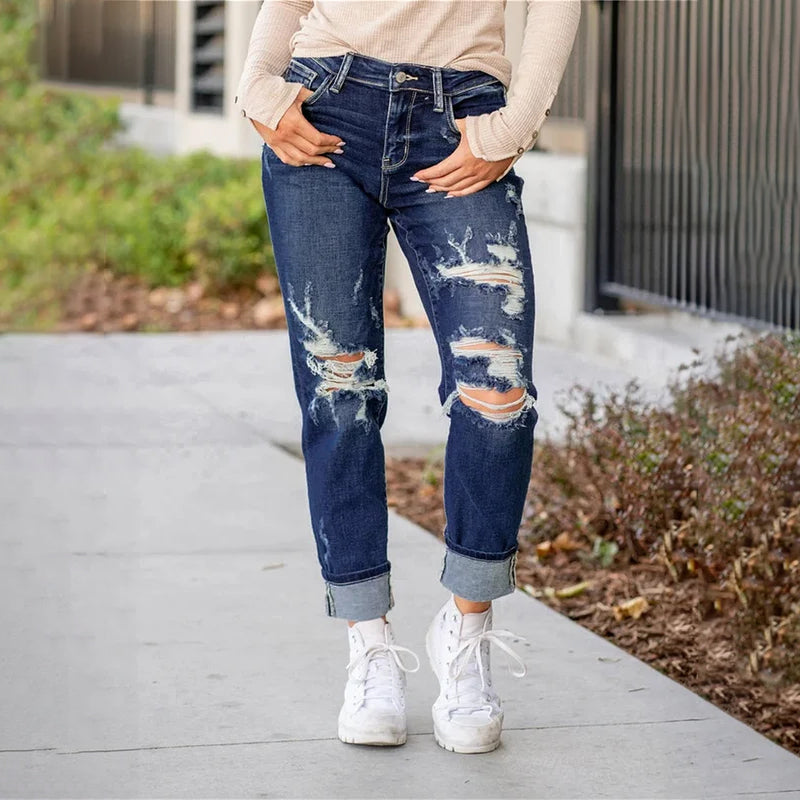 Torn Hole Mid-Waist Calf Pants