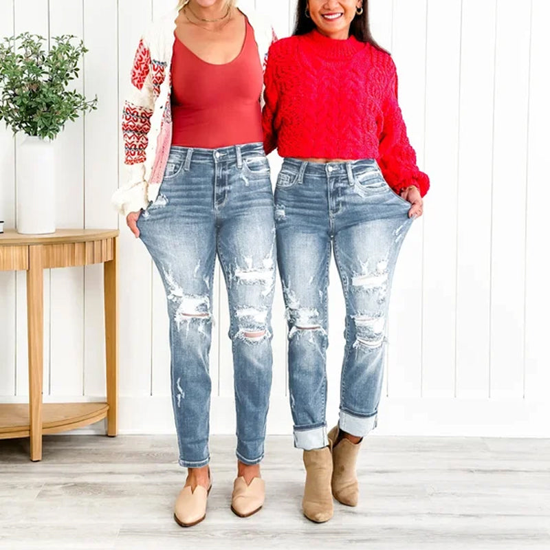 Torn Hole Mid-Waist Calf Pants