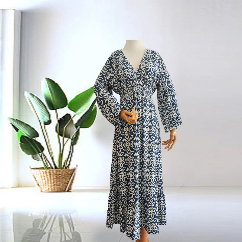 New Floral Print V Neck-Long Dress