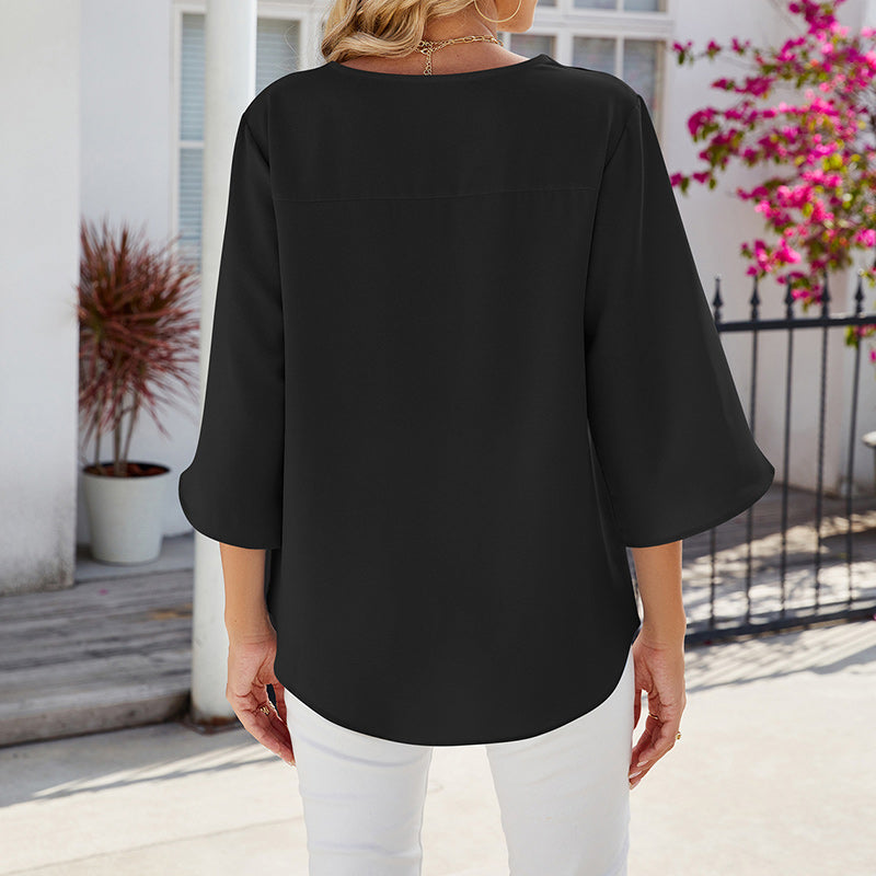 Solid Color V-Neck Mid-Sleeve Chiffon Shirt