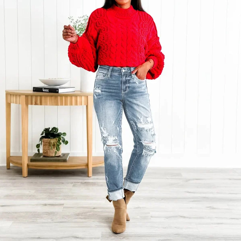 Torn Hole Mid-Waist Calf Pants