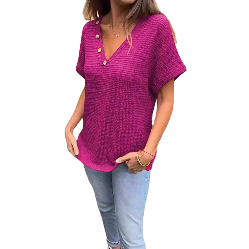 Waffle Grid Summer Short Sleeve V-Neck T-Shirt