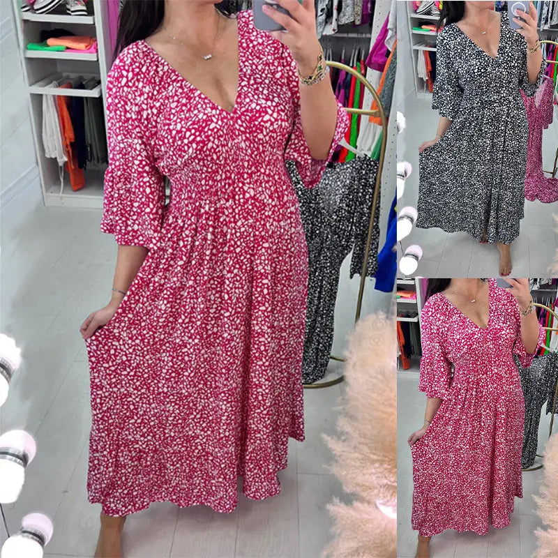 New Floral Print V Neck-Long Dress