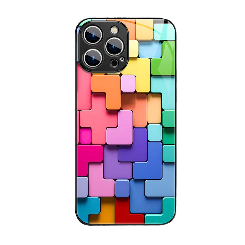 Flat 3D Square Pattern Glass Case Cover Compatible with iPhone