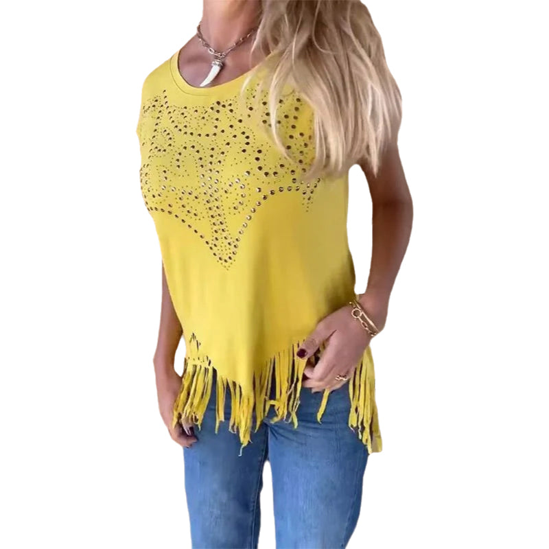 Women's solid colour short sleeve T-shirt with hot print and frayed hem
