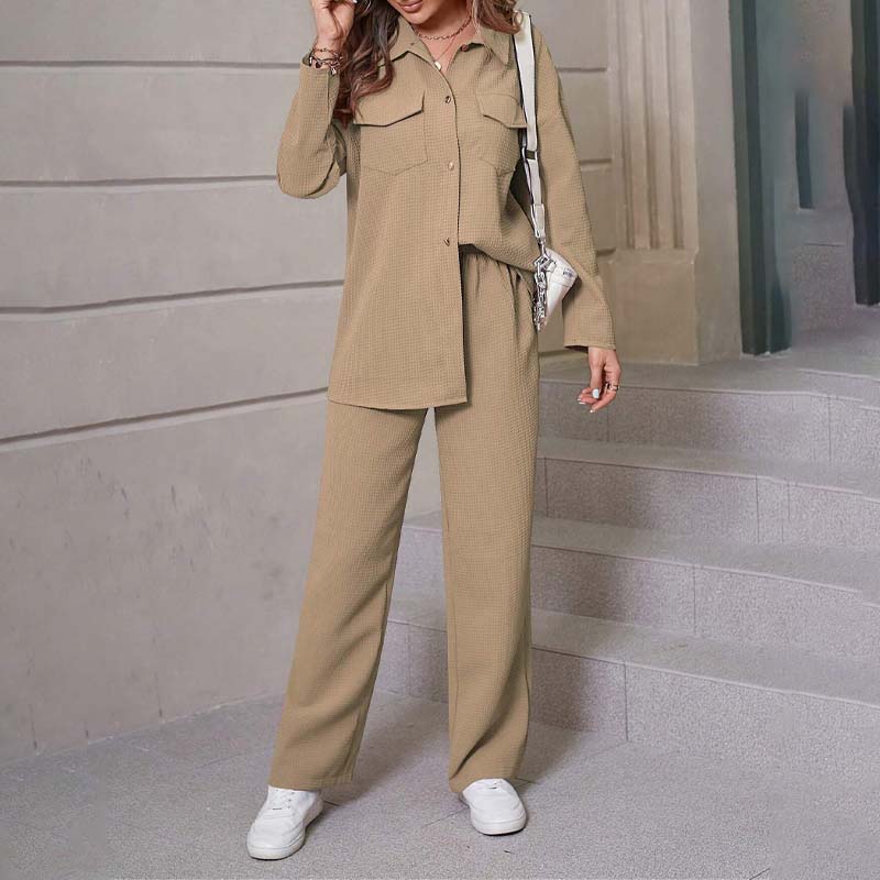 Women's Solid Color Shirt and Trousers Suit