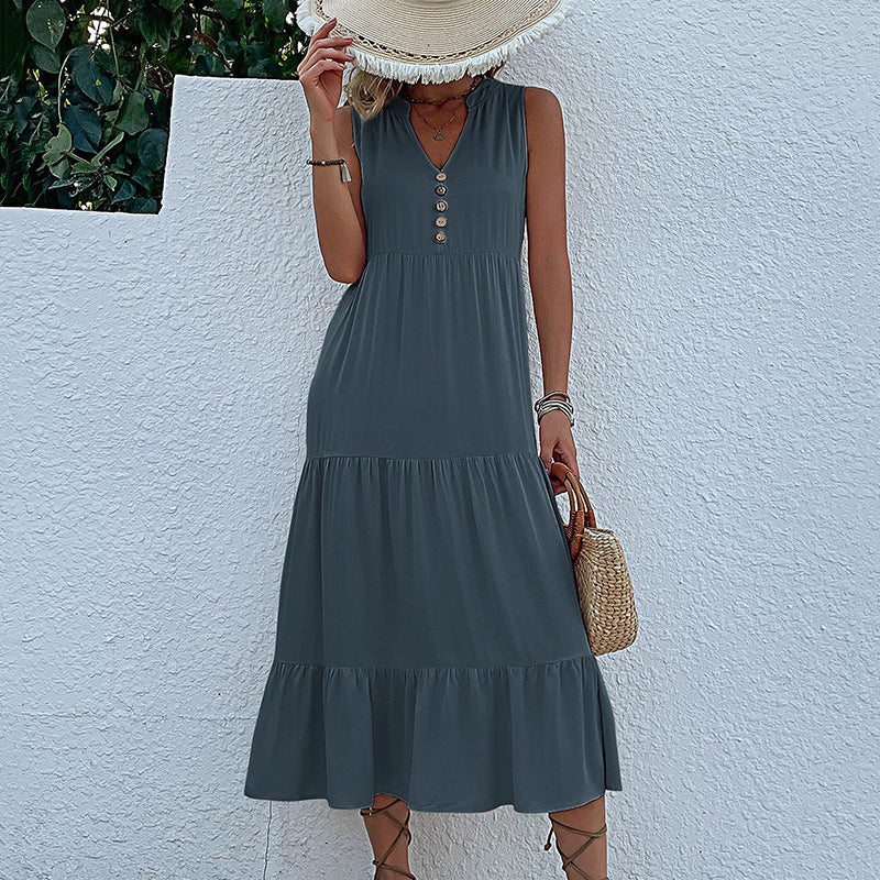 Button Detail Layered Hem Smock Dress