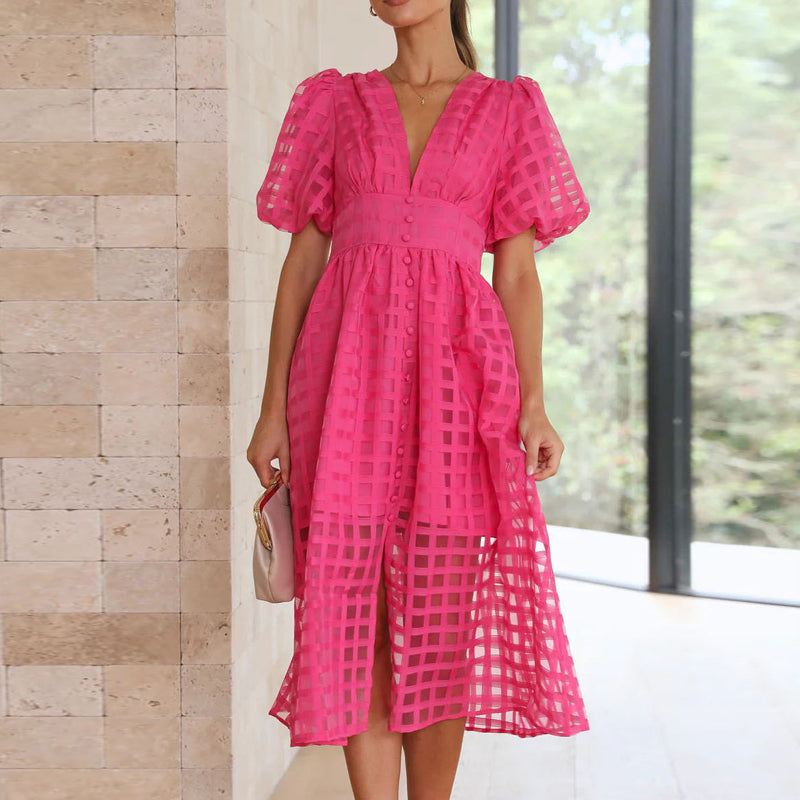 Square Patterned Fabric Puff Sleeve Dress