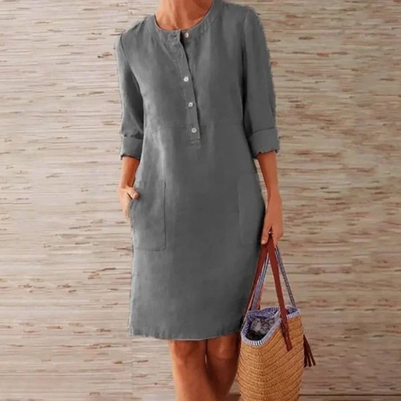 Pure Color Casual Cotton And Linen Round Neck Dress