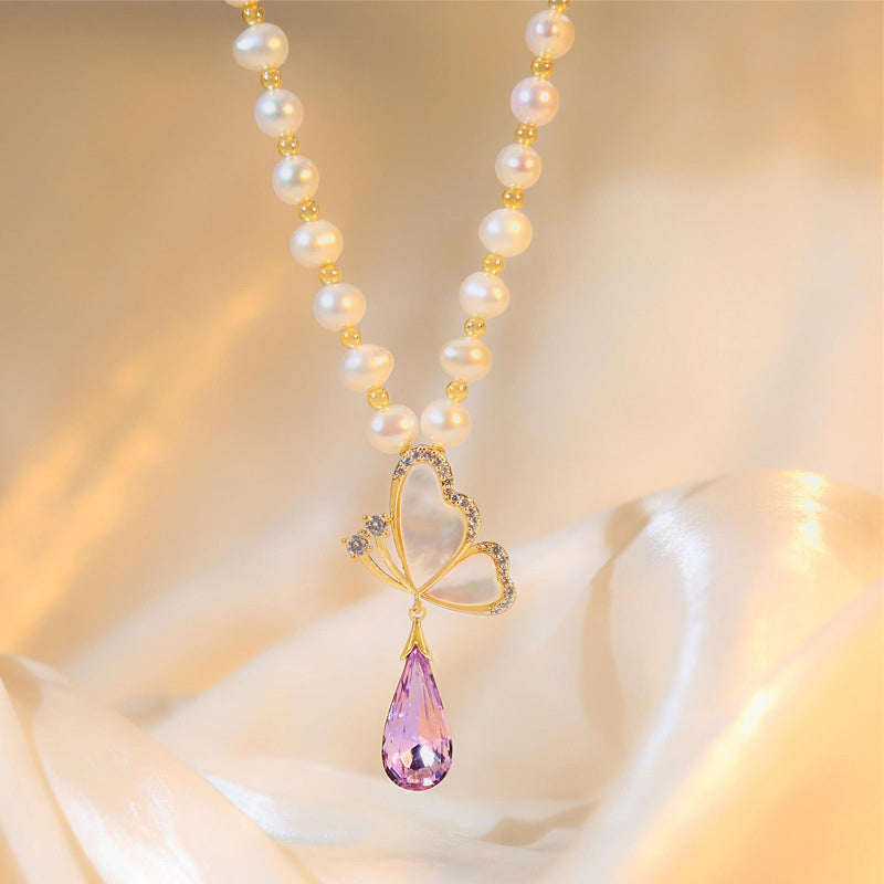 Diamond Butterfly Pearl Necklace