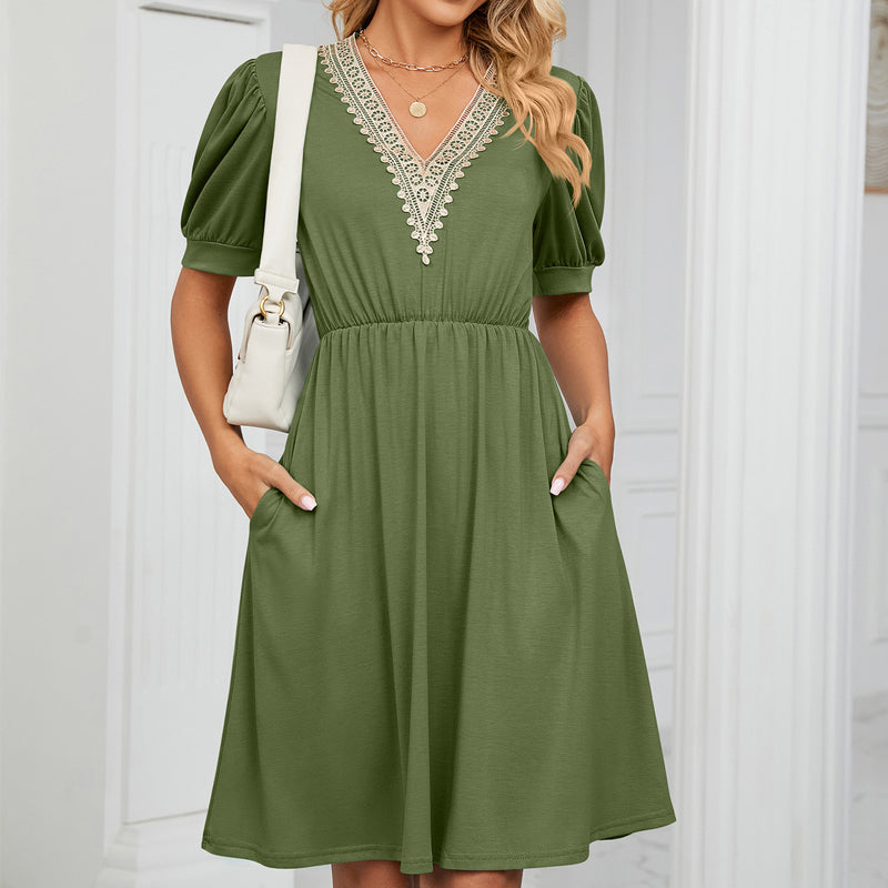 V-neck Long Pocket Casual Dress