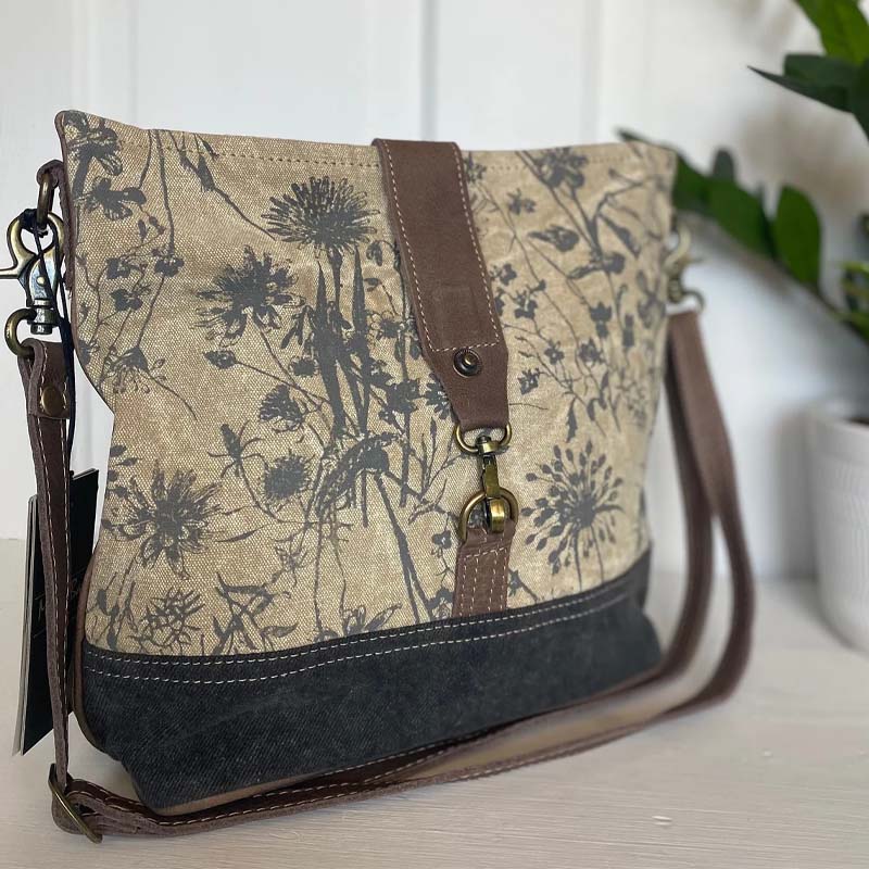 Upcycled Canvas and Leather Floral Print Shoulder Bag