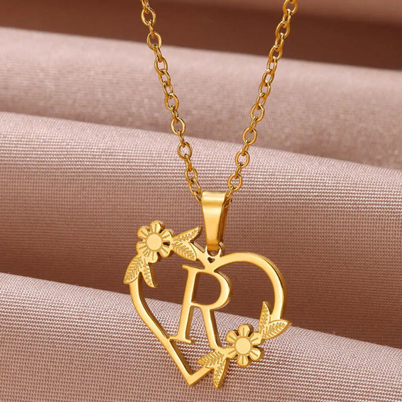 Golden Blossom Initials Heart Necklace