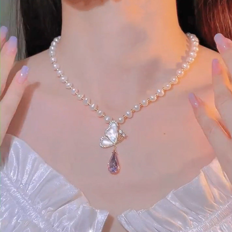 Diamond Butterfly Pearl Necklace