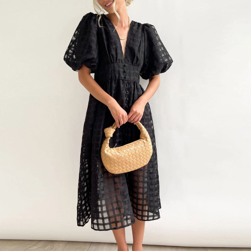 Square Patterned Fabric Puff Sleeve Dress