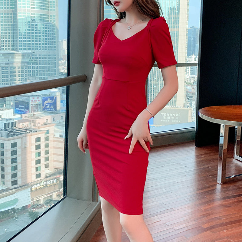 Slim Fit Wrap-around Bubble Sleeve Dress