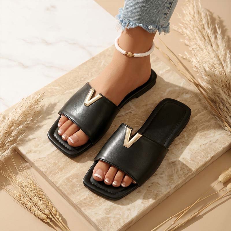Metal Accent Flat Slide Sandals