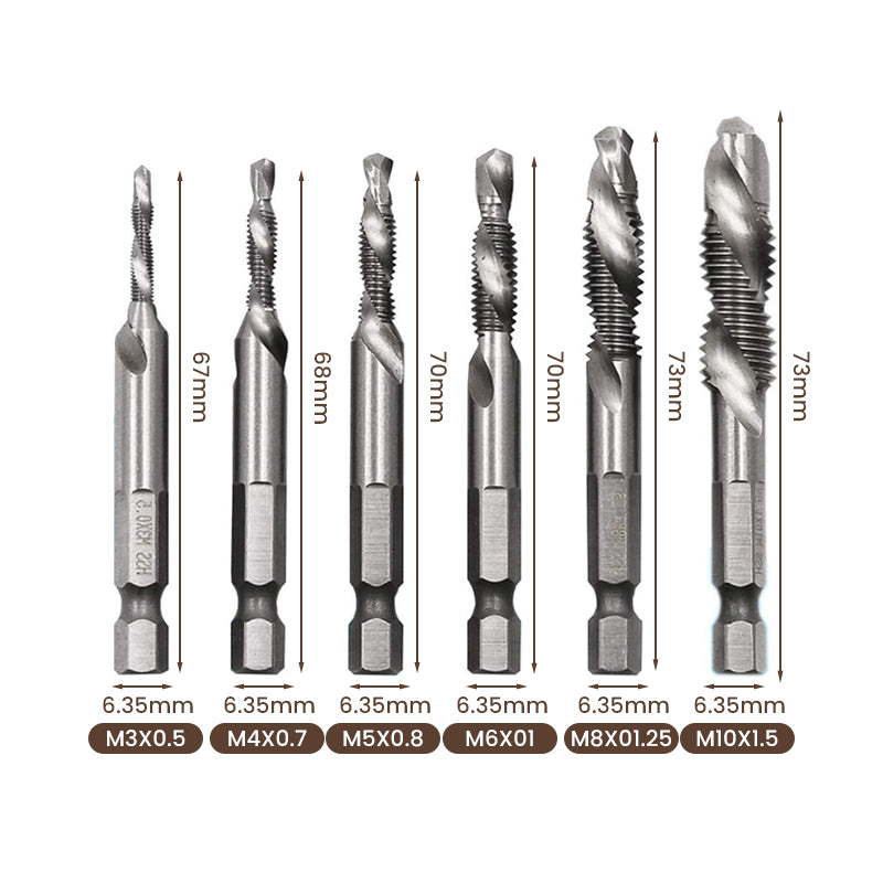 6 Piece Hexagon Shank Metric Composite Tap White Drill/Titanium Plated