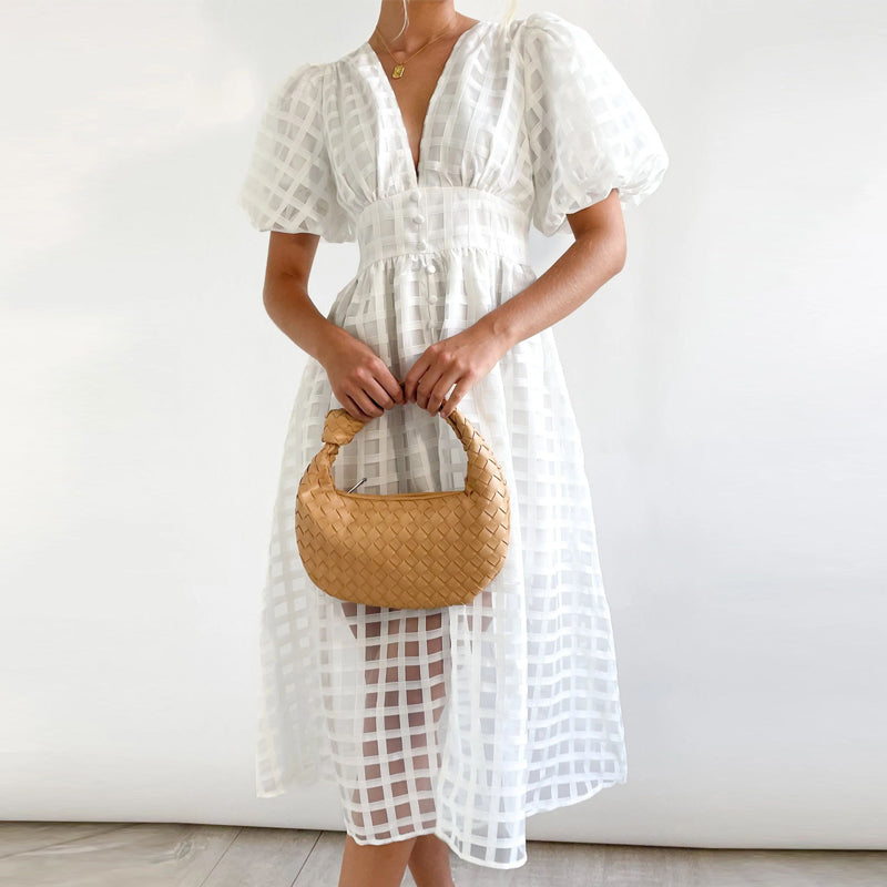 Square Patterned Fabric Puff Sleeve Dress