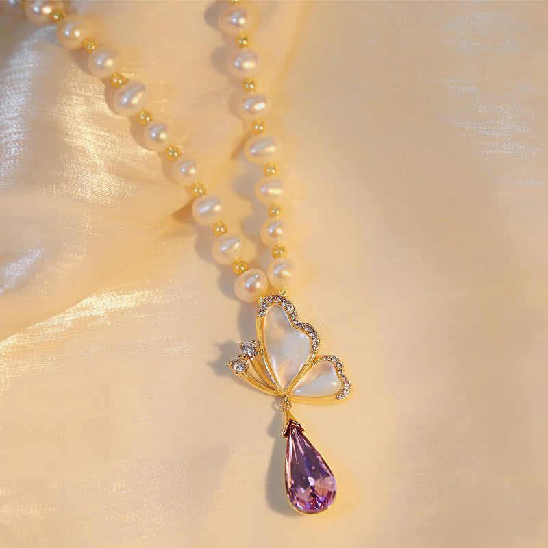 Diamond Butterfly Pearl Necklace