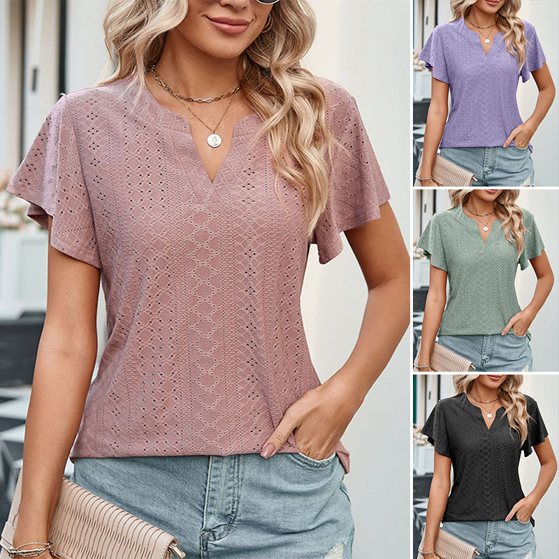 Lotus Leaf Sleeve V-neck Hollow Casual T-shirt