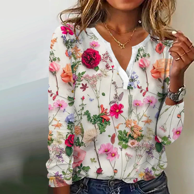 Printed V-neck Long Sleeve Top