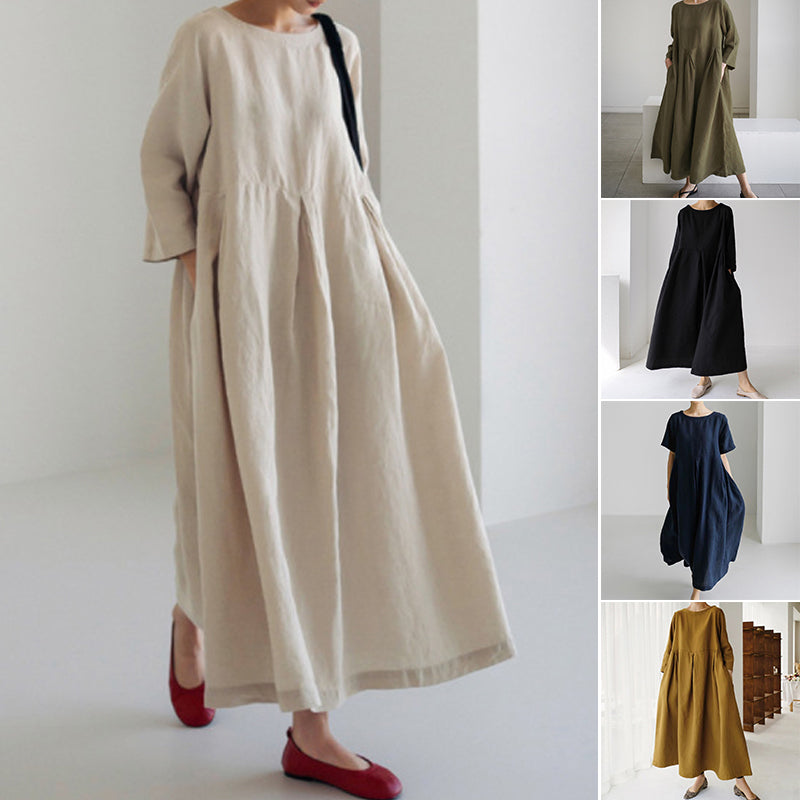 Cotton Linen Round Neck Solid Color Dress