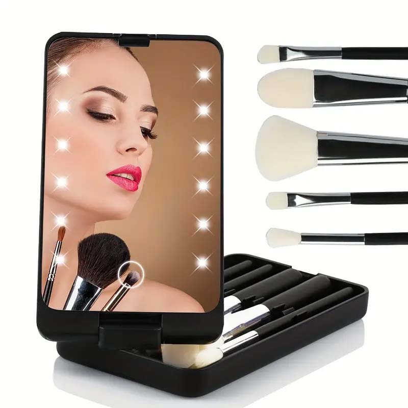 Travel Makeup Brush Set With LED Light Mirror