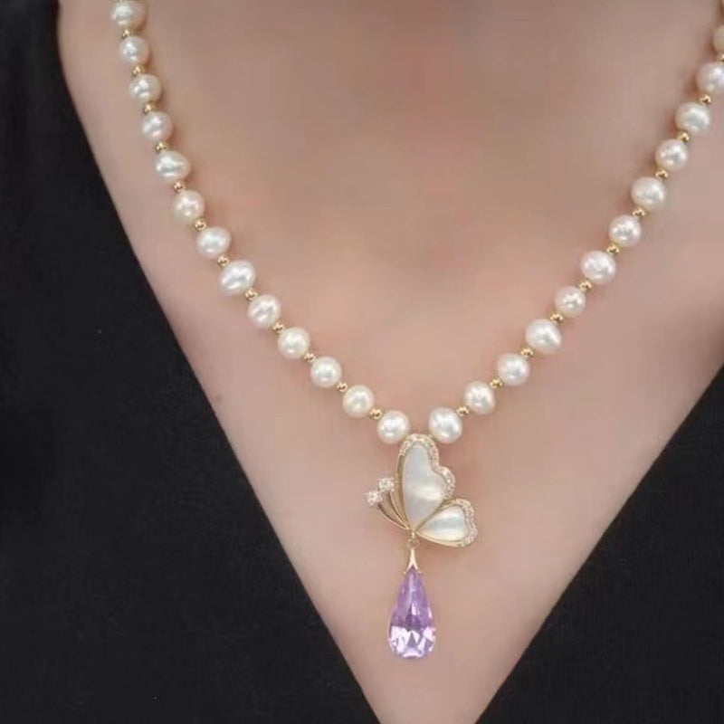 Diamond Butterfly Pearl Necklace