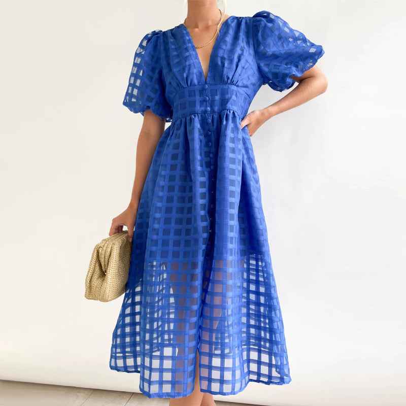 Square Patterned Fabric Puff Sleeve Dress