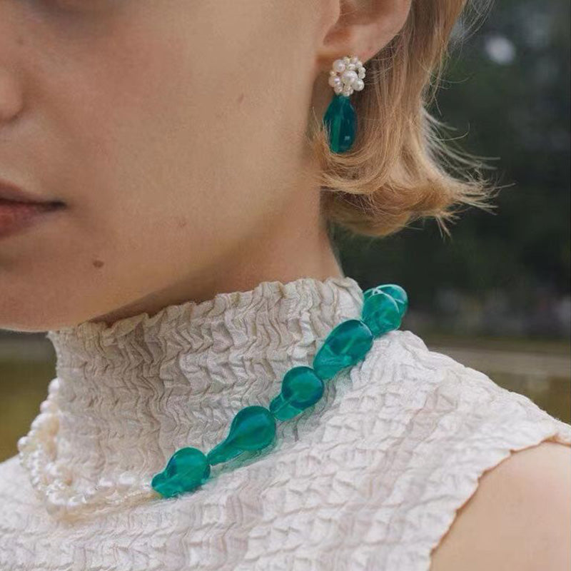 Hand-woven Blue Glaze Baroque Pearl Necklace and Earrings Set