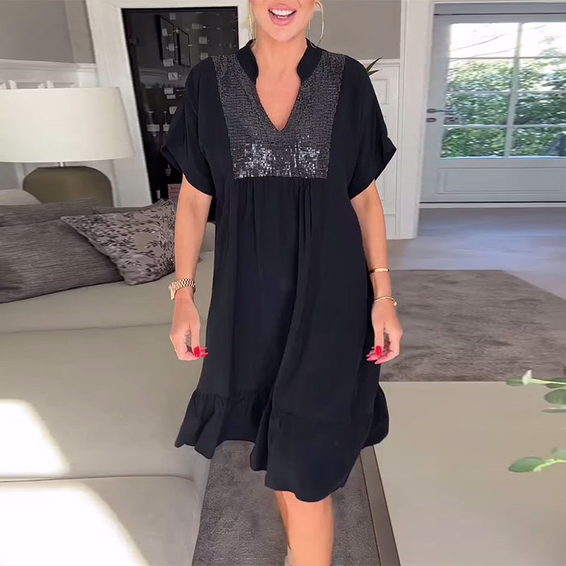 V-neck Loose Pleated Dress