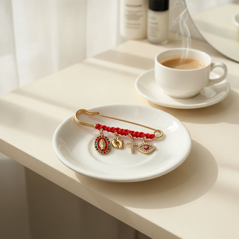 Red Cord and Diamond-Accented Brooch