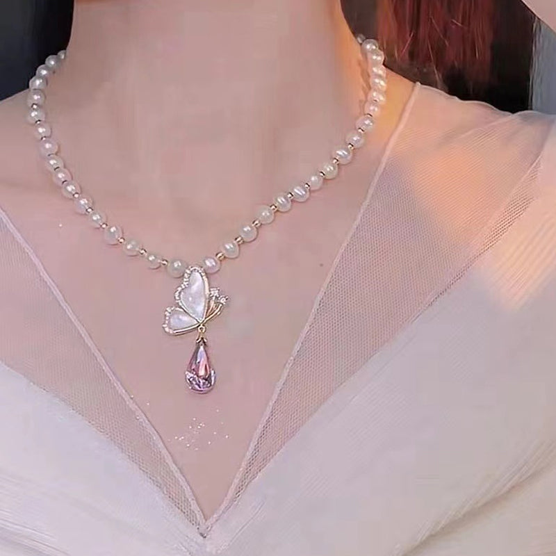 Diamond Butterfly Pearl Necklace