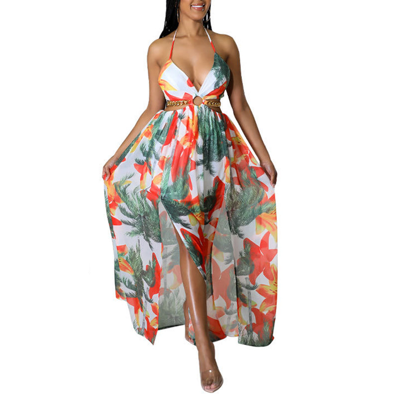 Women's Floral Print Chain Decor Split Thigh Dress