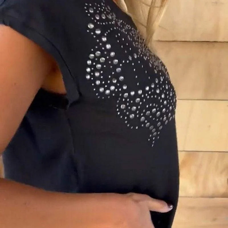 Women's solid colour short sleeve T-shirt with hot print and frayed hem
