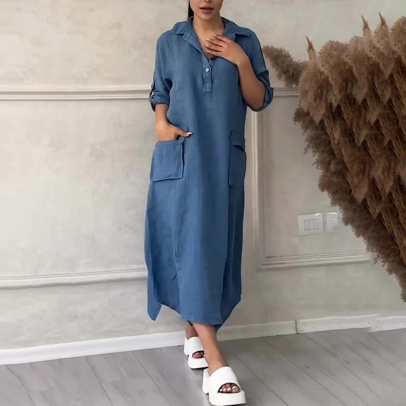 Women's Cotton Linen Casual Lapel Pockets Long Dress