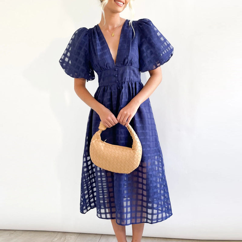 Square Patterned Fabric Puff Sleeve Dress