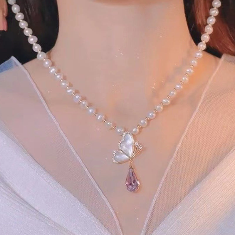 Diamond Butterfly Pearl Necklace