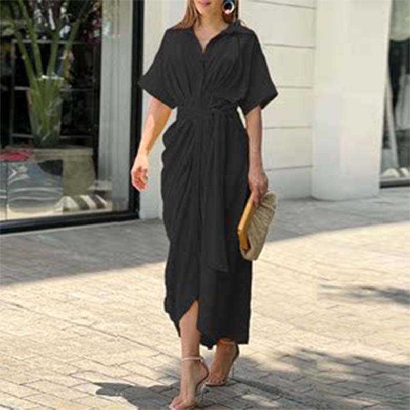 Casual Lapel Neck Waist Print Shirt Dress