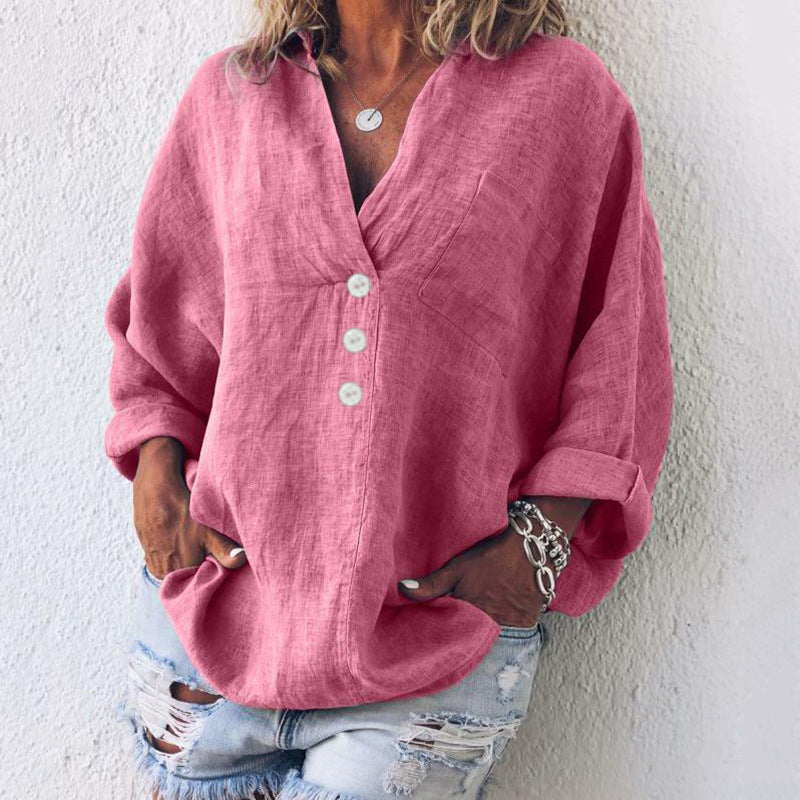 V-neck imitation cotton linen long-sleeved shirt