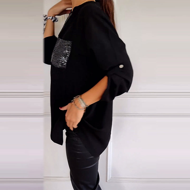 Relaxed button-up sequin paneled top