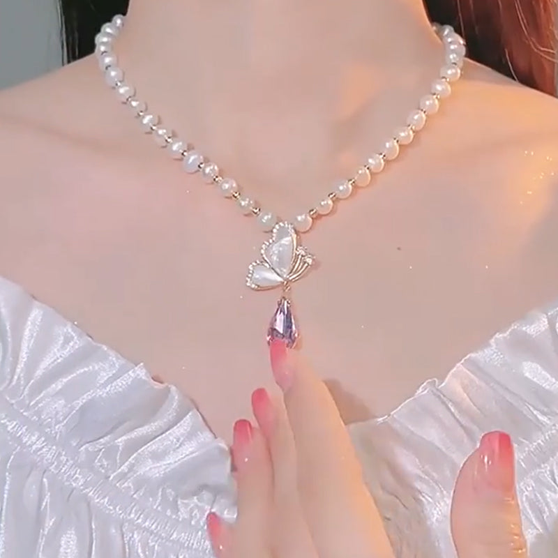 Diamond Butterfly Pearl Necklace