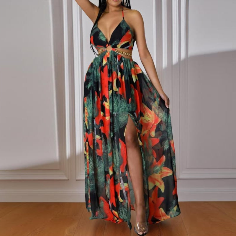 Women's Floral Print Chain Decor Split Thigh Dress