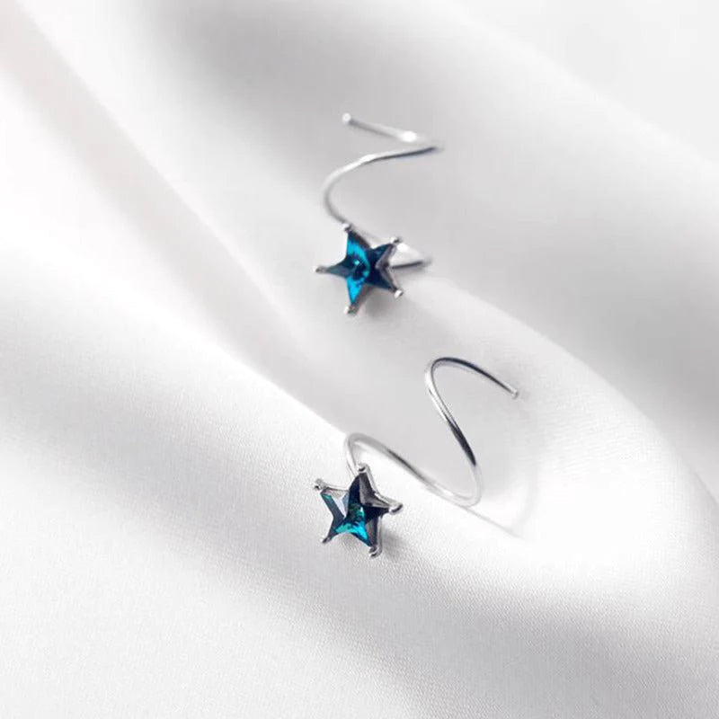 Blue Star Spiral Hoop Twist Earrings