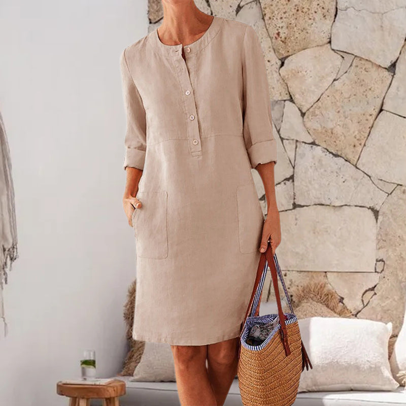 Pure Color Casual Cotton And Linen Round Neck Dress