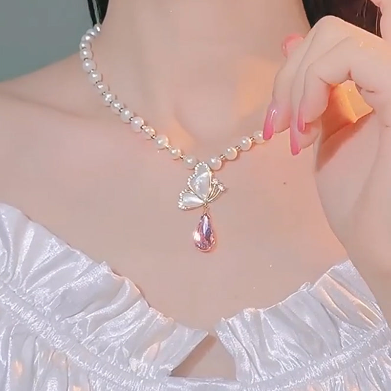Diamond Butterfly Pearl Necklace